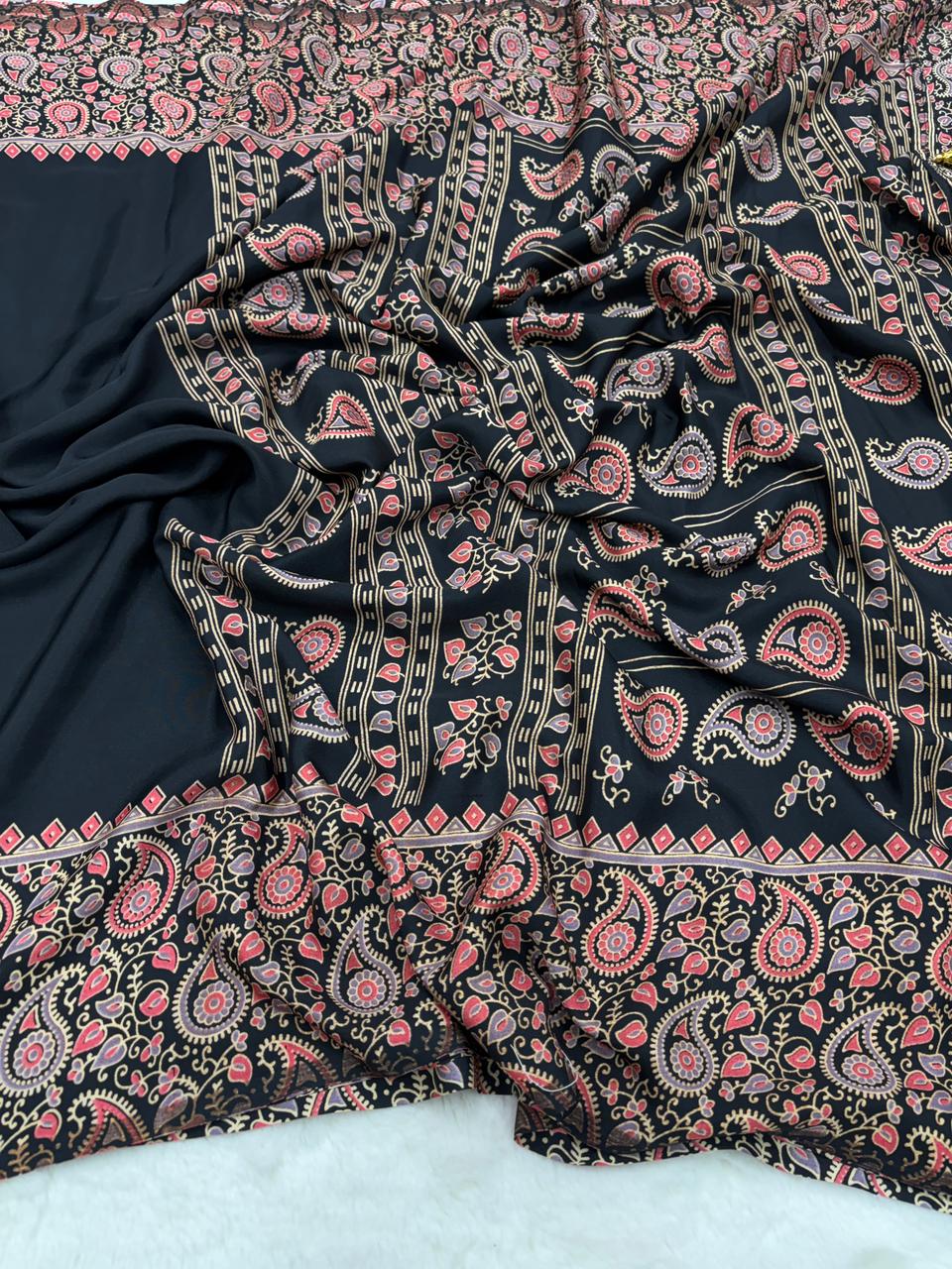 New Function Wear Pure Satin Silk Ajrak Printed Rich Pallu n Tussles Work Fancy Designer Saree