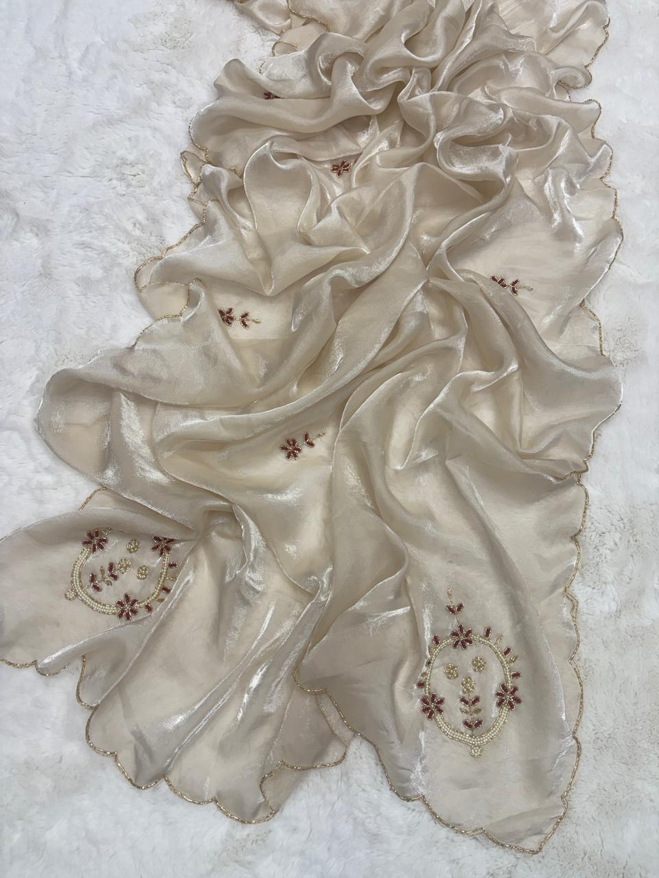 Entrancing Party Wear Golden Colour Satin Silk Handwork Fancy Designer Saree For Wedding
