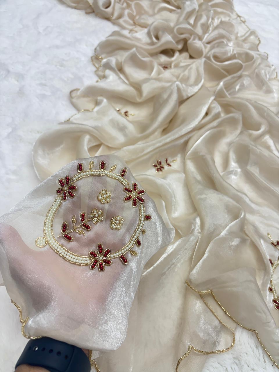Entrancing Party Wear Golden Colour Satin Silk Handwork Fancy Designer Saree For Wedding