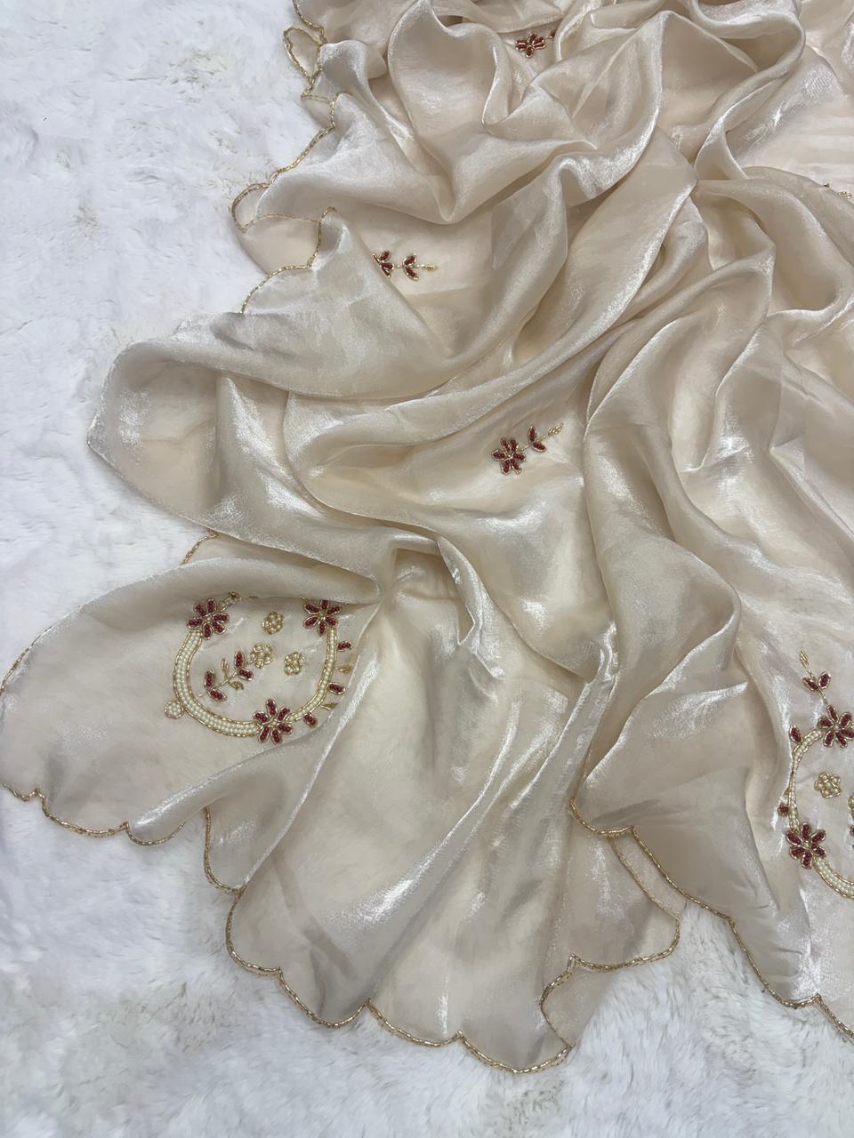 Entrancing Party Wear Golden Colour Satin Silk Handwork Fancy Designer Saree For Wedding