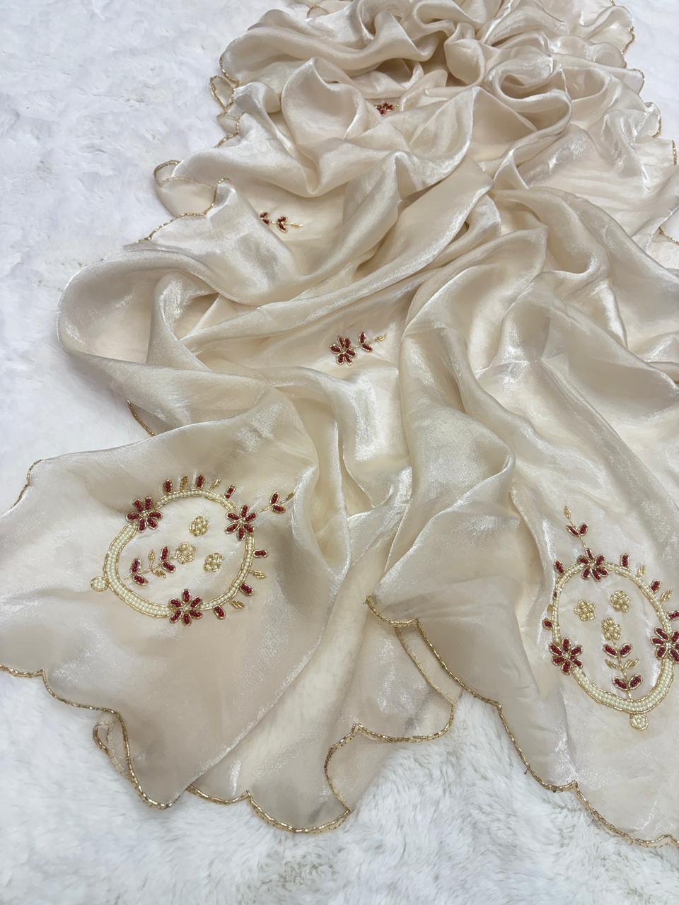 Entrancing Party Wear Golden Colour Satin Silk Handwork Fancy Designer Saree For Wedding