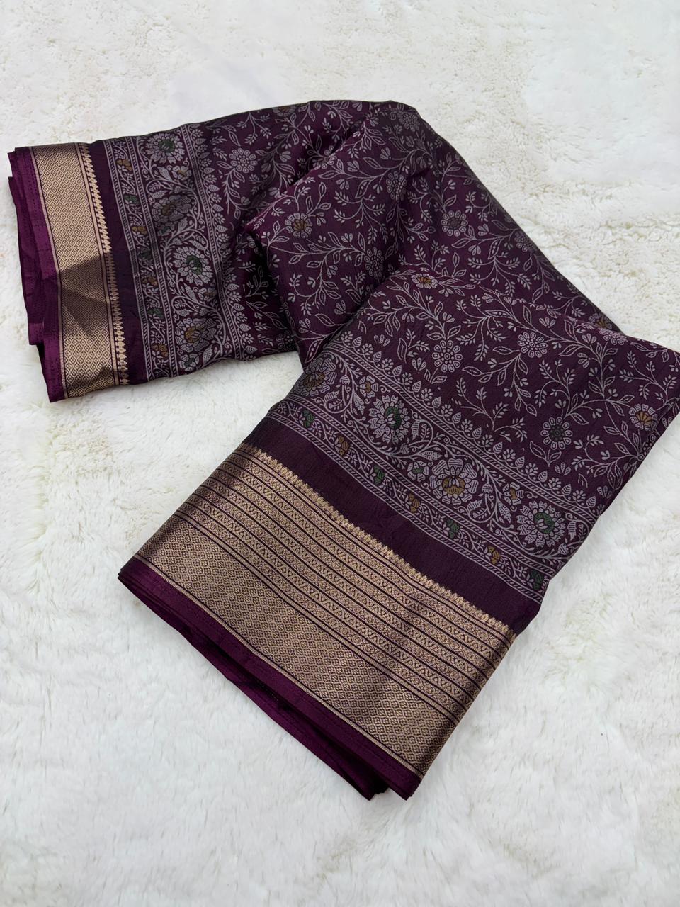 Splendiferous Festive Wear Soft Dola Silk Kalamkari Print With Jacquard Zari Border Fancy Designer Saree