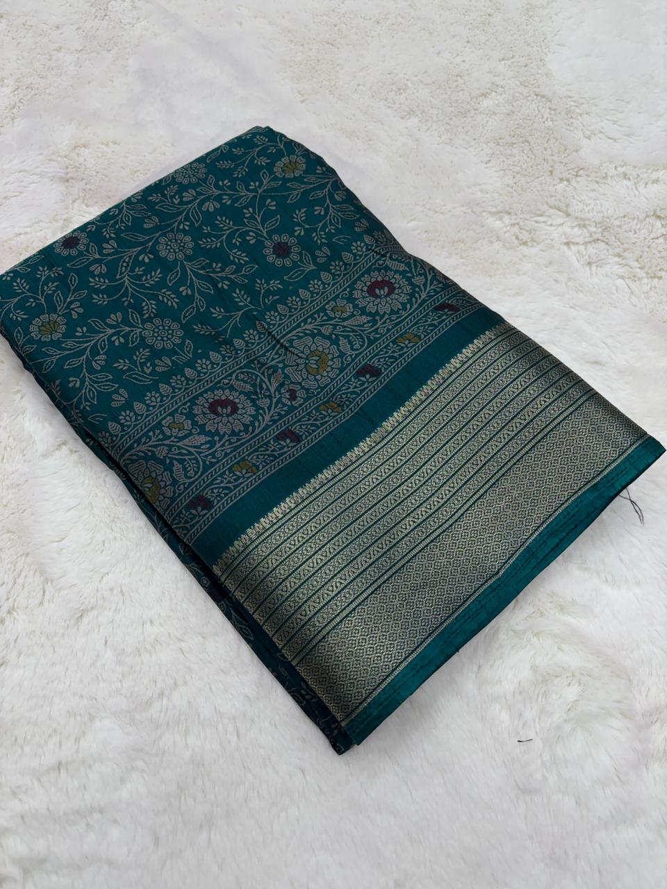 Splendiferous Festive Wear Soft Dola Silk Kalamkari Print With Jacquard Zari Border Fancy Designer Saree