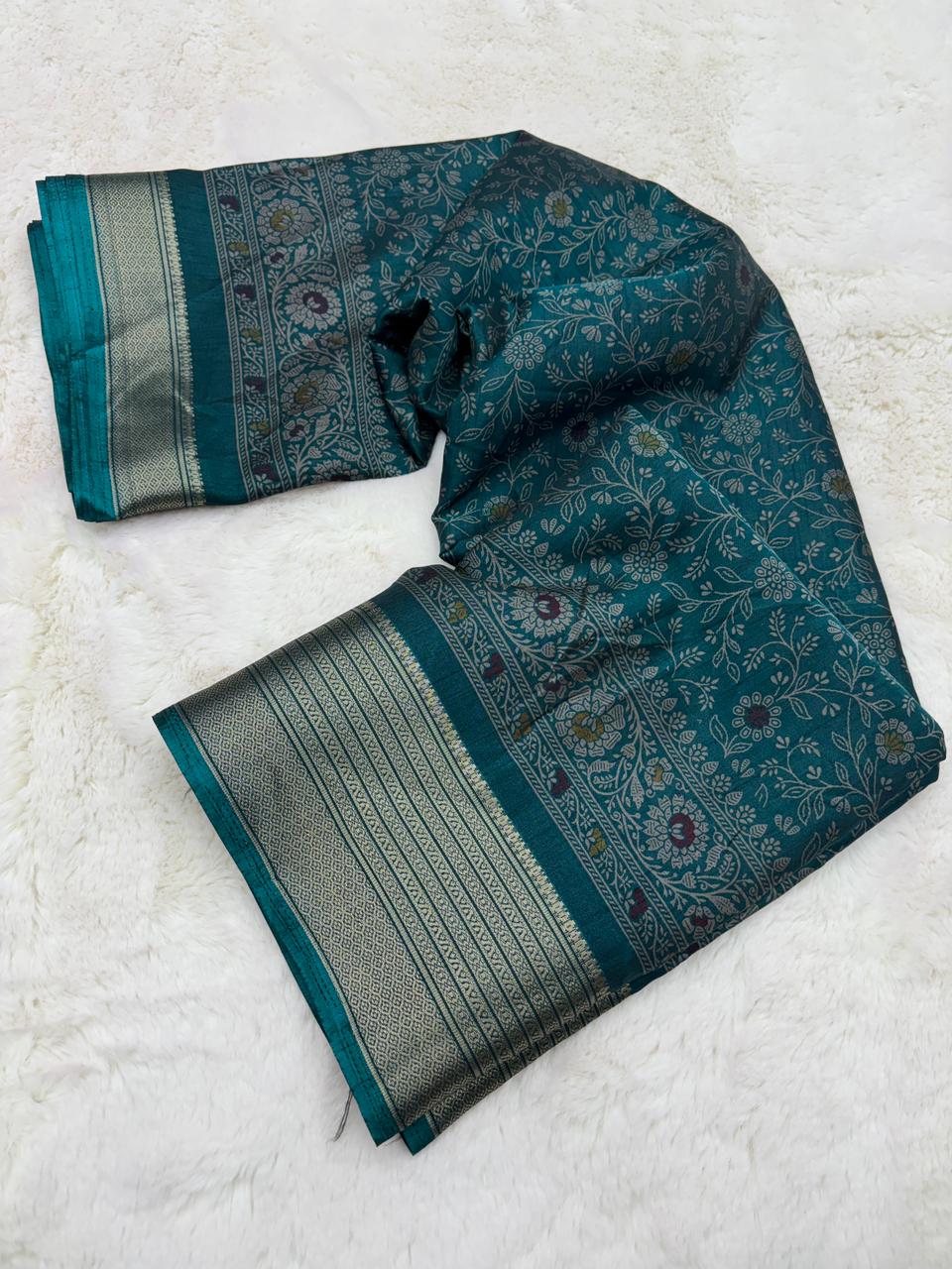 Splendiferous Festive Wear Soft Dola Silk Kalamkari Print With Jacquard Zari Border Fancy Designer Saree