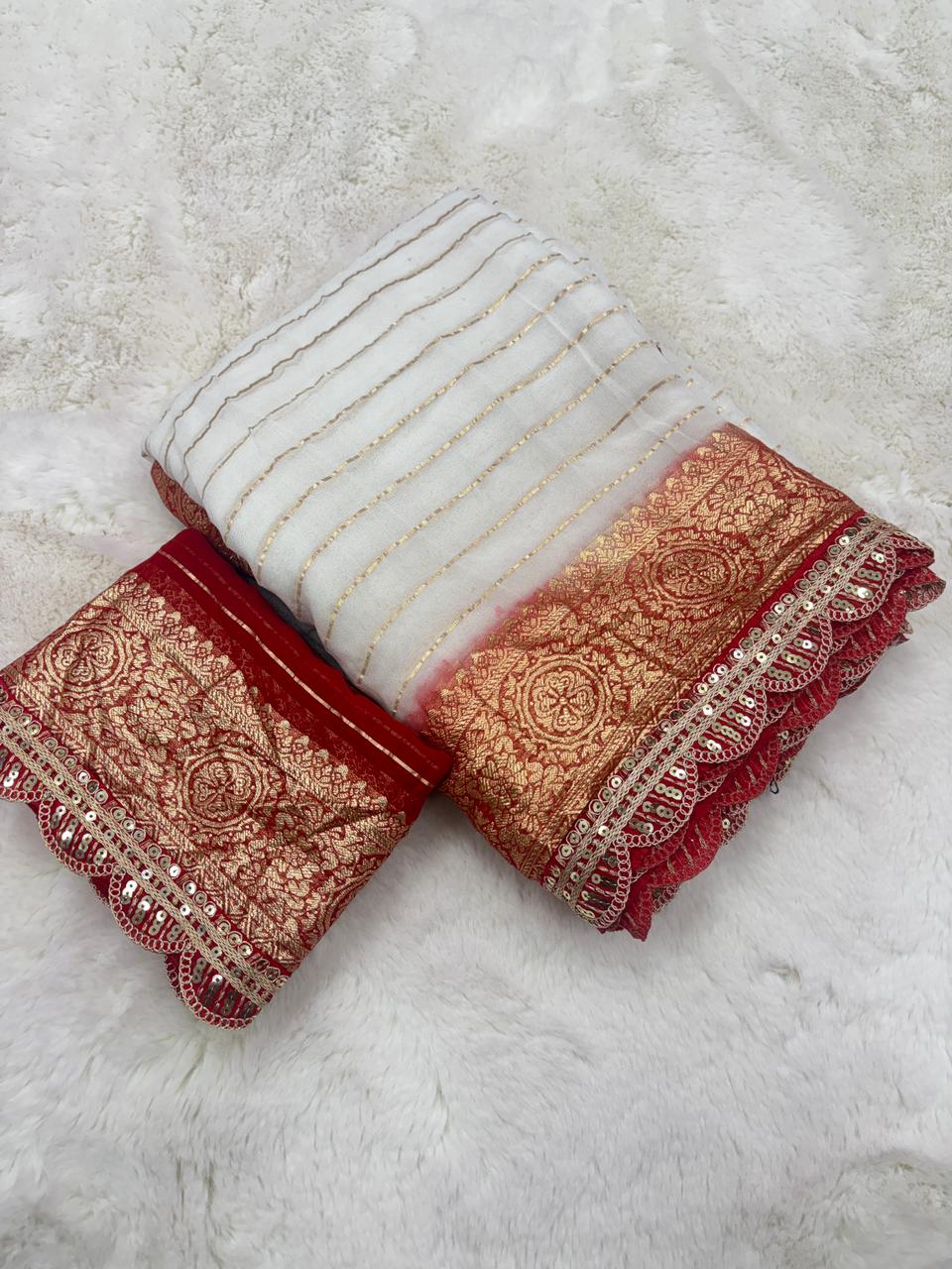 Exquisite Function Wear Viscose Georgette Jacquard Weaving n Sequence Border Work Designer Saree With Contrast Blouse Piece