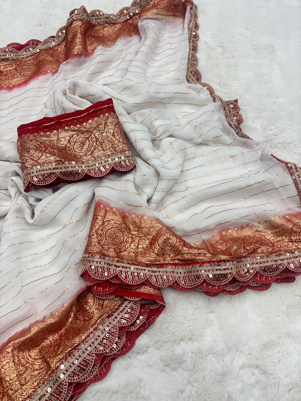 Exquisite Function Wear Viscose Georgette Jacquard Weaving n Sequence Border Work Designer Saree With Contrast Blouse Piece