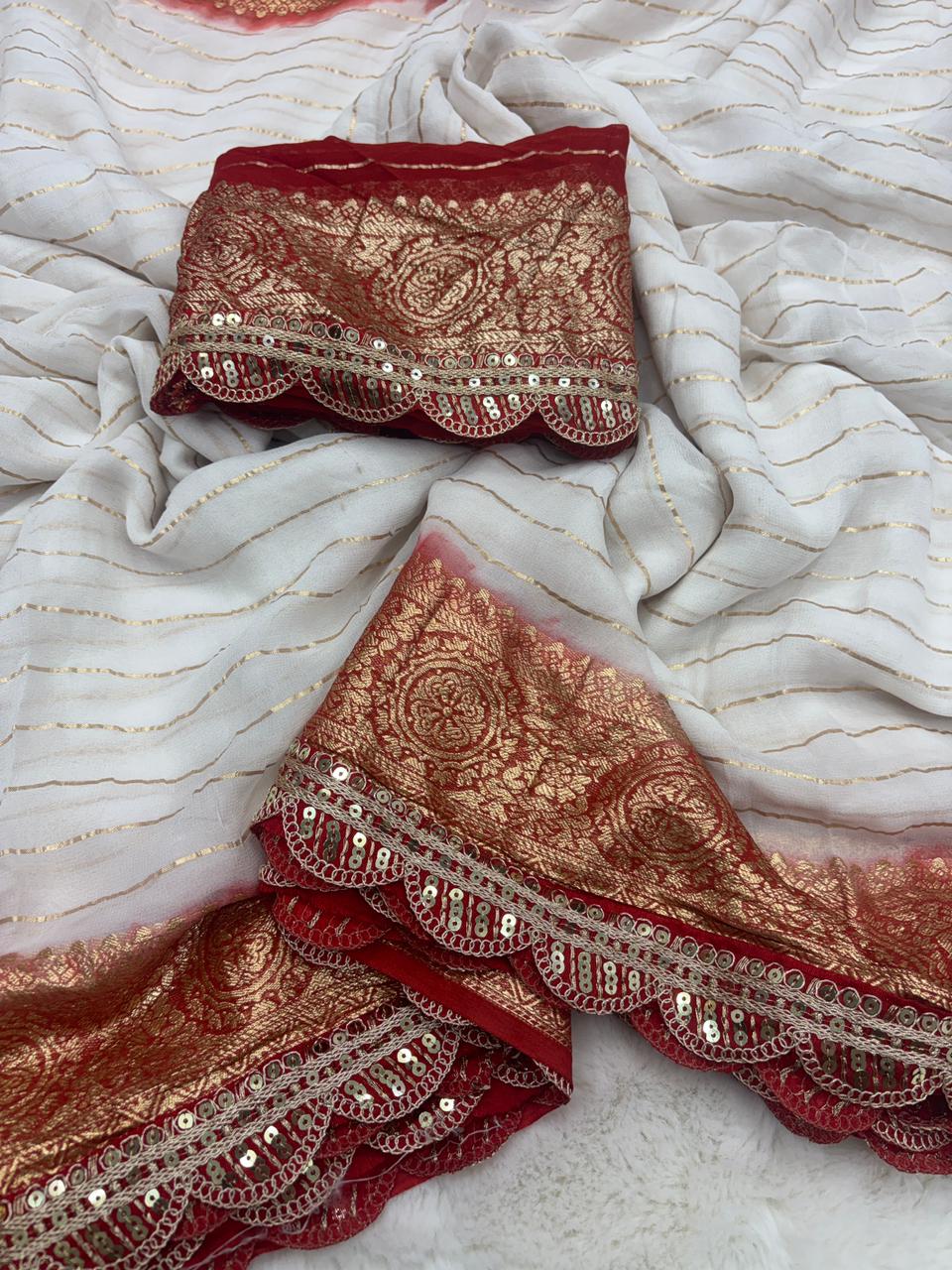 Exquisite Function Wear Viscose Georgette Jacquard Weaving n Sequence Border Work Designer Saree With Contrast Blouse Piece