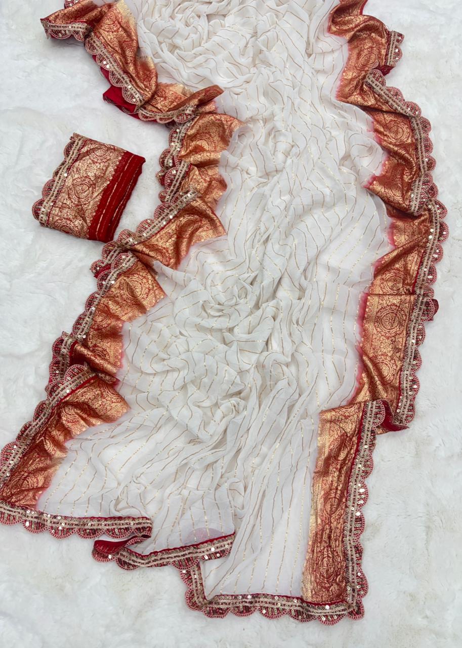 Exquisite Function Wear Viscose Georgette Jacquard Weaving n Sequence Border Work Designer Saree With Contrast Blouse Piece