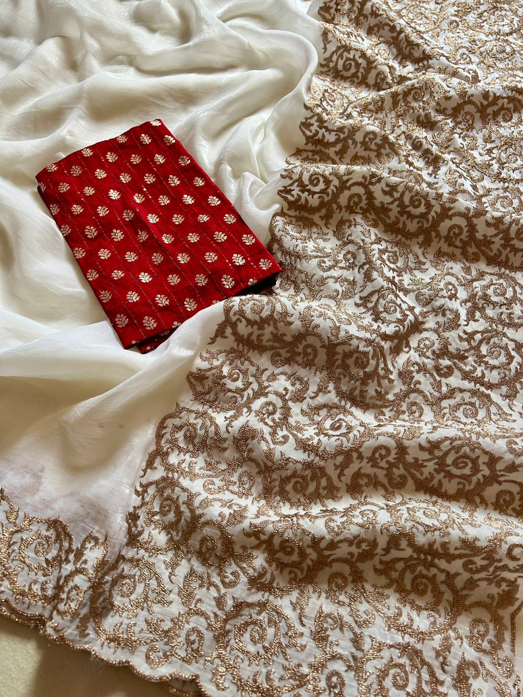 Trendy Off White Color Fendy Crush Silk Embroidery n Cut Work Saree With Marvellous Blouse Piece