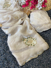 Load image into Gallery viewer, Redolent Function Wear Golden Colour Fendy Satin Silk Handwork Fancy Designer Saree For Women
