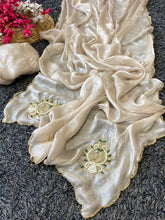 Load image into Gallery viewer, Redolent Function Wear Golden Colour Fendy Satin Silk Handwork Fancy Designer Saree For Women
