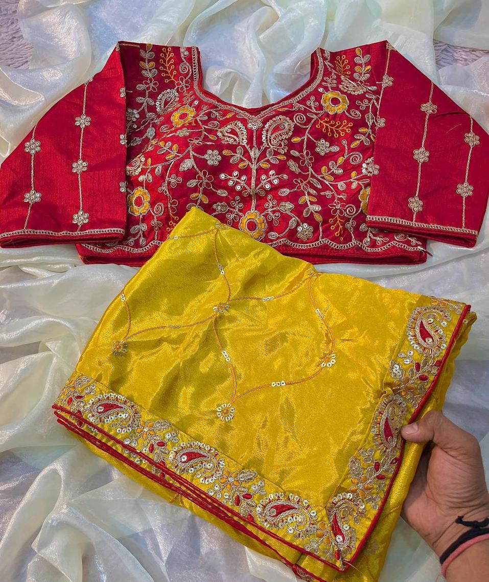 Lassitude Festive Wear Chinon Silk Sequence n Thread Work Fancy Designer Saree With Contrast Stitched Blouse