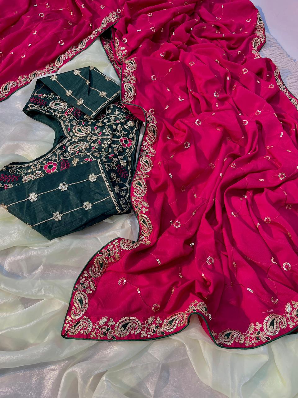 Lassitude Festive Wear Chinon Silk Sequence n Thread Work Fancy Designer Saree With Contrast Stitched Blouse