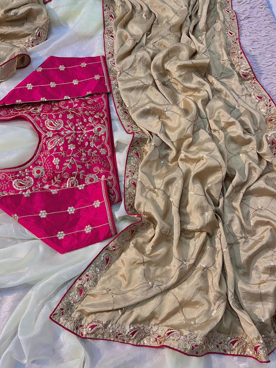 Lassitude Festive Wear Chinon Silk Sequence n Thread Work Fancy Designer Saree With Contrast Stitched Blouse