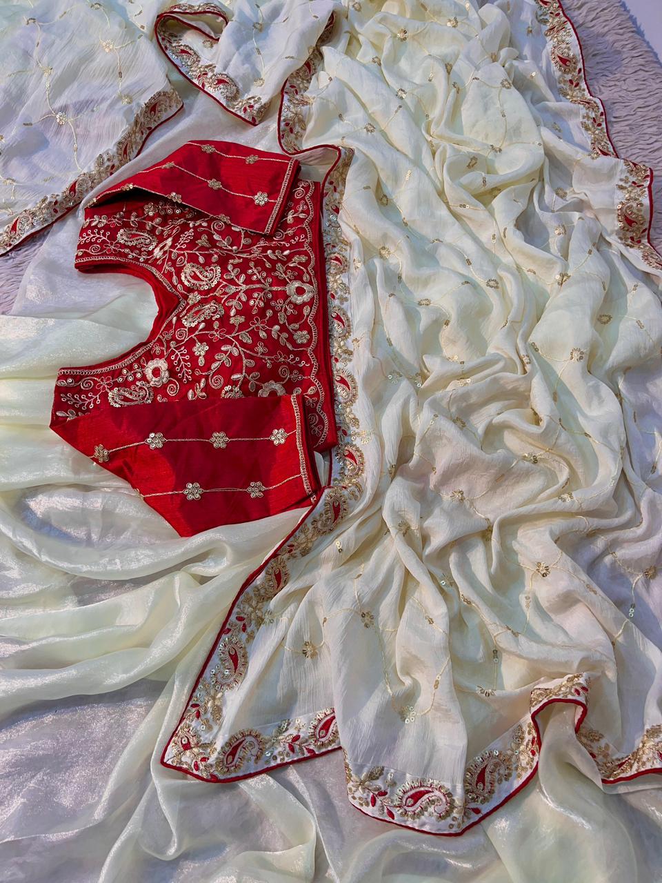 Lassitude Festive Wear Chinon Silk Sequence n Thread Work Fancy Designer Saree With Contrast Stitched Blouse