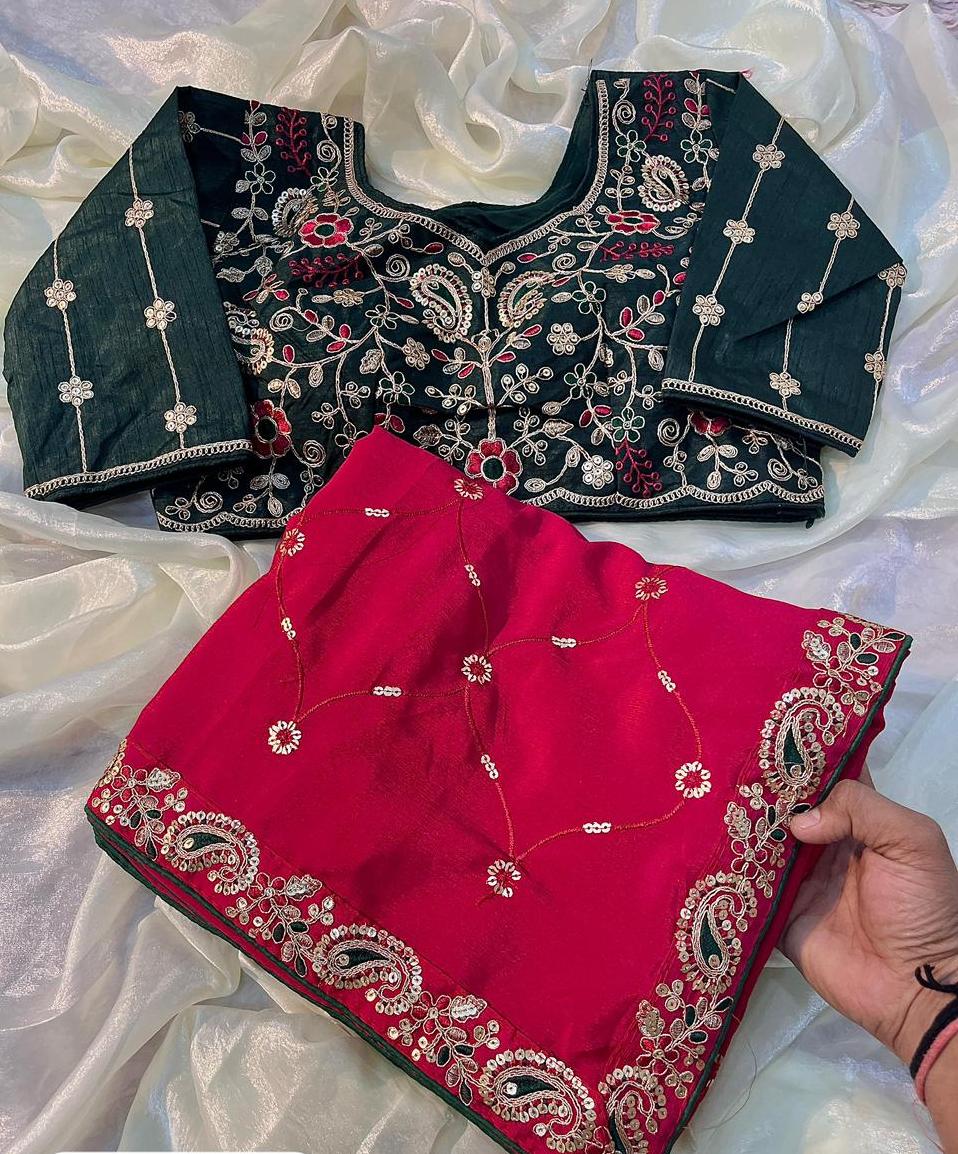 Lassitude Festive Wear Chinon Silk Sequence n Thread Work Fancy Designer Saree With Contrast Stitched Blouse