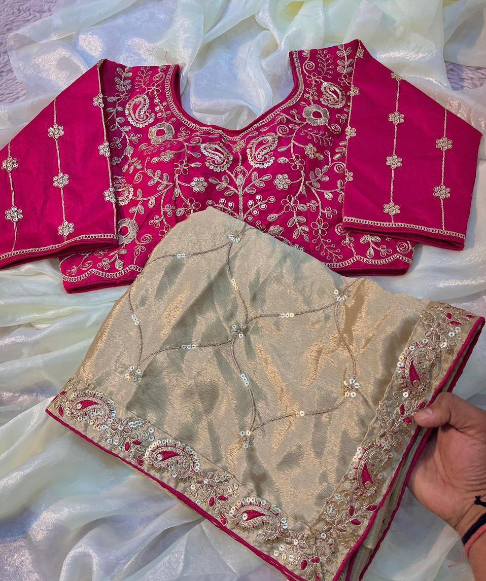 Lassitude Festive Wear Chinon Silk Sequence n Thread Work Fancy Designer Saree With Contrast Stitched Blouse