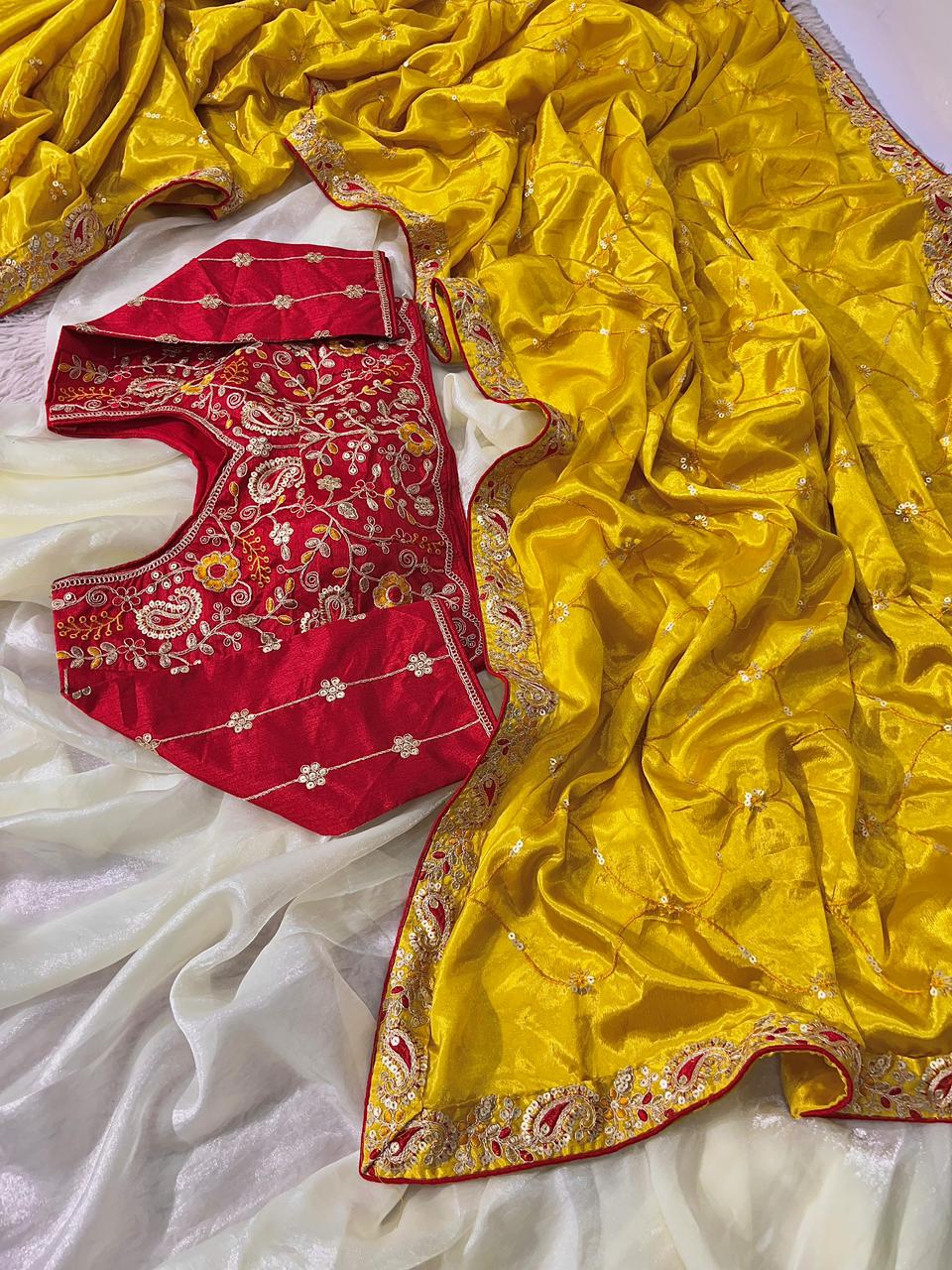 Lassitude Festive Wear Chinon Silk Sequence n Thread Work Fancy Designer Saree With Contrast Stitched Blouse