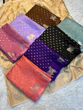 Load image into Gallery viewer, Charismatic Party Wear Pure Soft Viscose Crape Silk Zari Chit Palllu n Pichwari Border Fancy Designer Saree With Blouse
