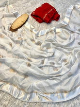 Load image into Gallery viewer, Gossamer White Color Viscose Silk Jacquard Zari With Satin Border Work saree With Quintessential Blouse Piece
