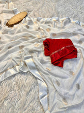 Load image into Gallery viewer, Gossamer White Color Viscose Silk Jacquard Zari With Satin Border Work saree With Quintessential Blouse Piece
