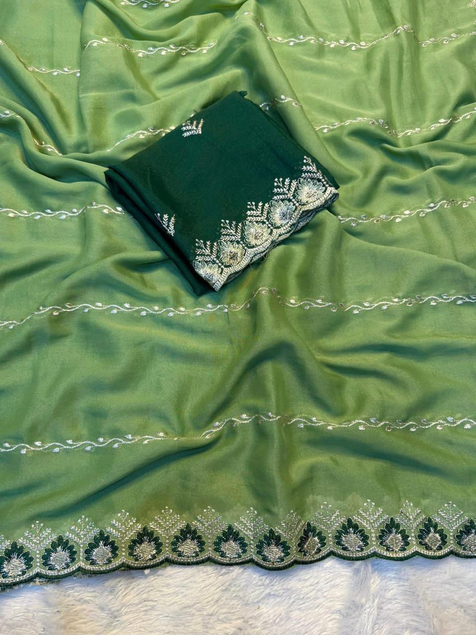 Imaginative Function Wear Georgette Fabric Embroidary Sequence Work Lehriya Design Fancy Saree With Contrast Blouse Piece