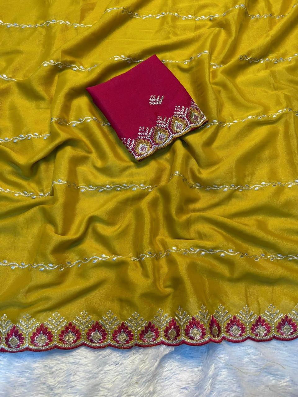 Imaginative Function Wear Georgette Fabric Embroidary Sequence Work Lehriya Design Fancy Saree With Contrast Blouse Piece