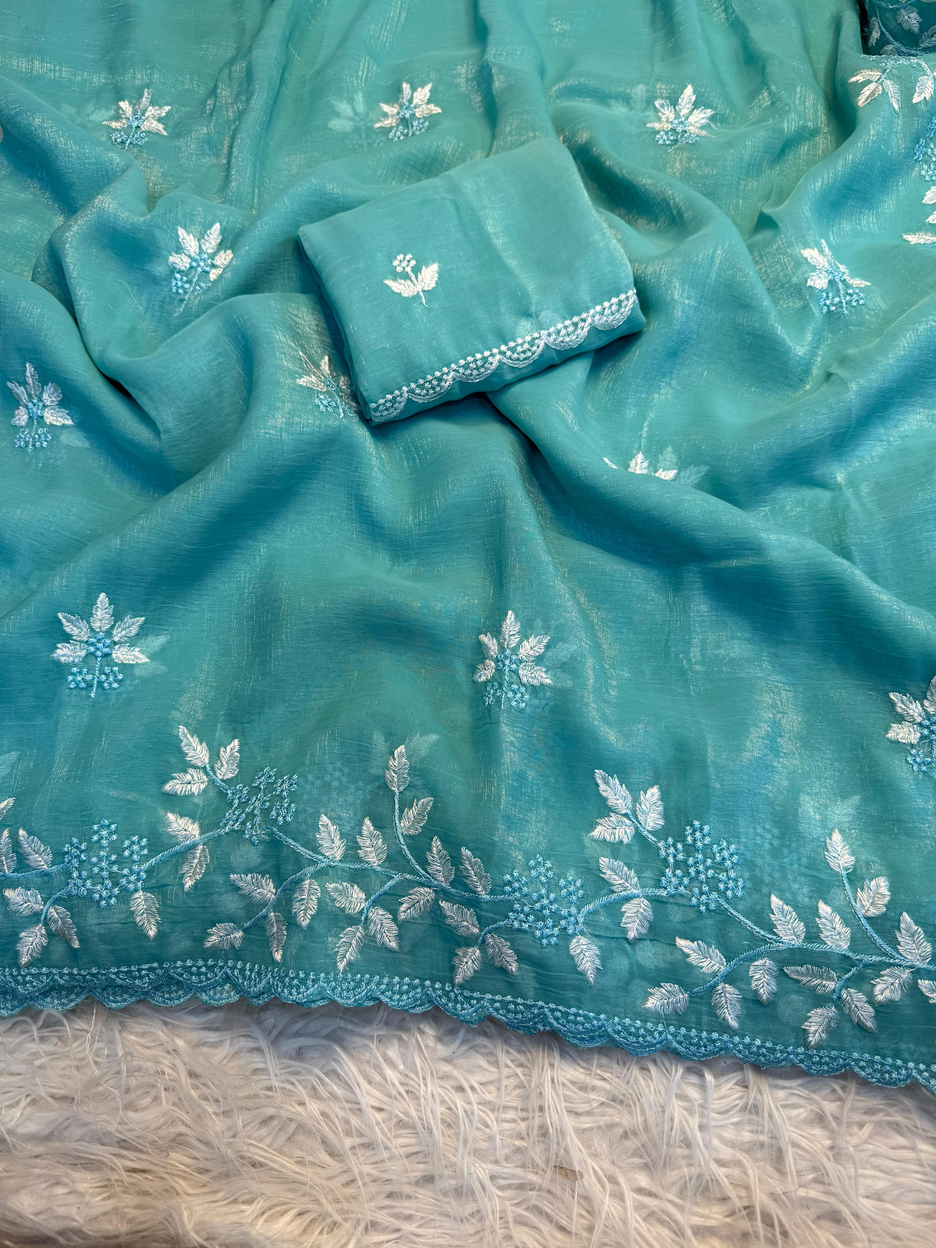 Concentrating Party Wear Shimmer Georgette Thread Work Leaf Design Fancy Saree With Blouse Piece