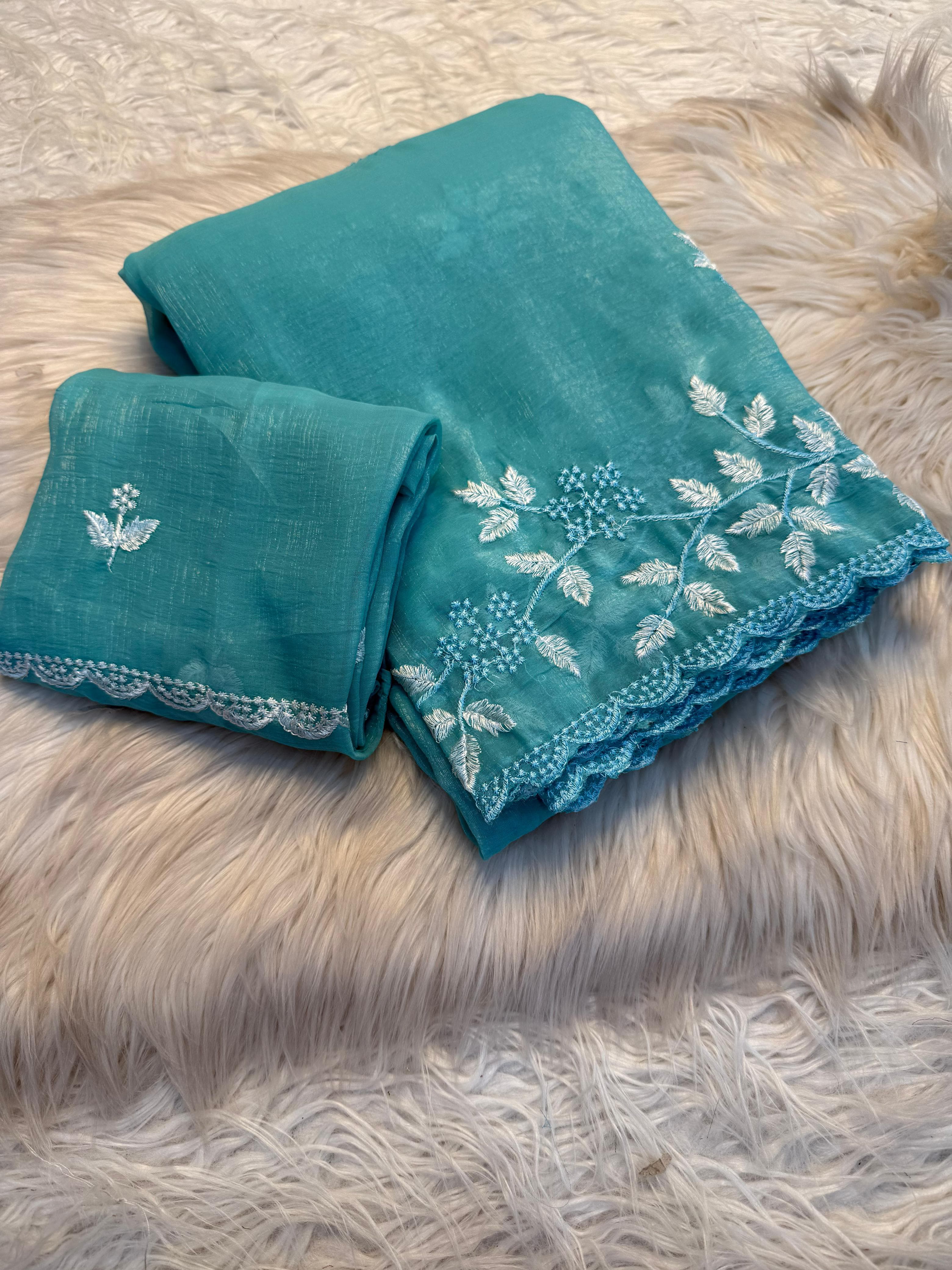 Concentrating Party Wear Shimmer Georgette Thread Work Leaf Design Fancy Saree With Blouse Piece