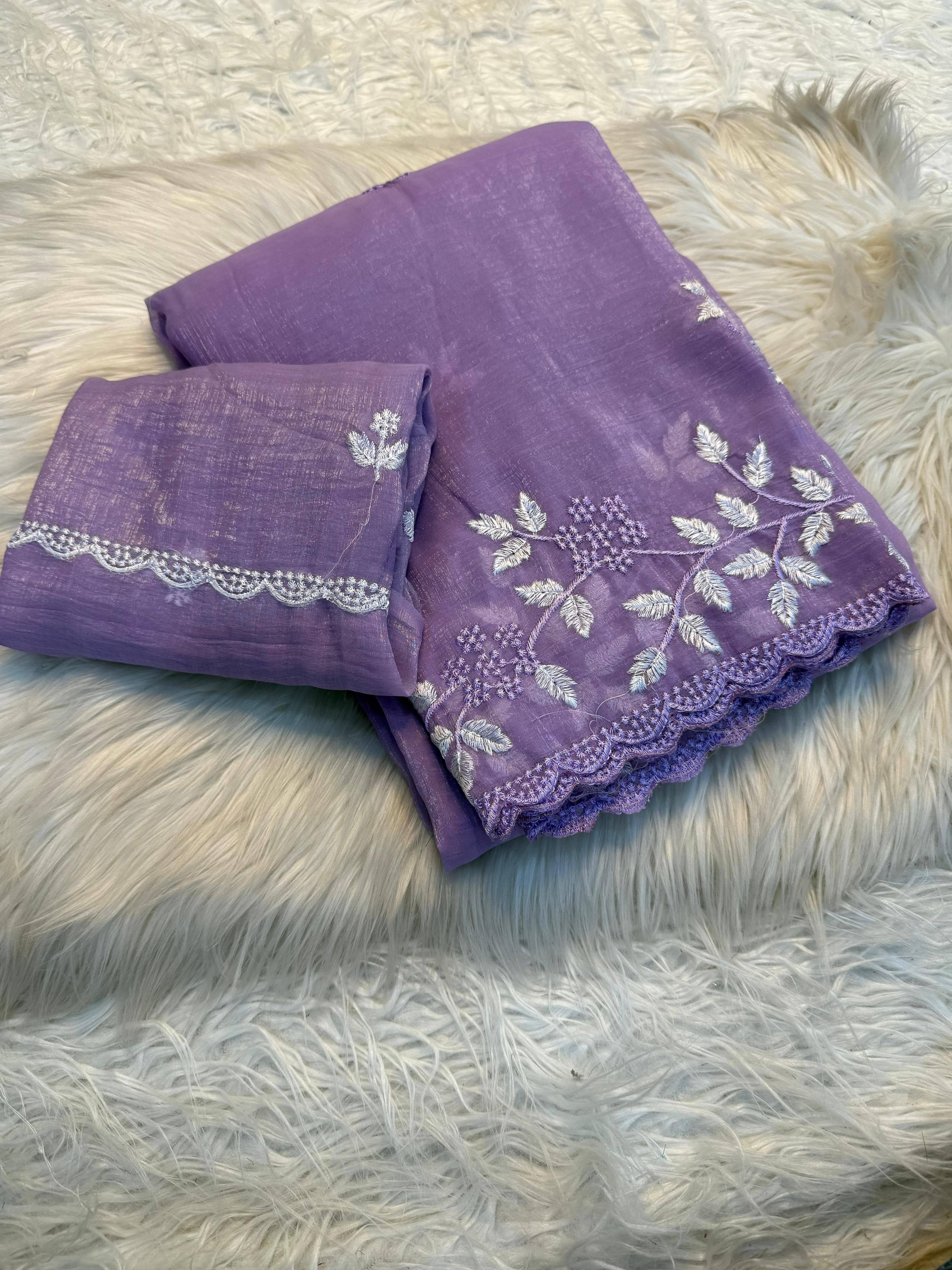 Concentrating Party Wear Shimmer Georgette Thread Work Leaf Design Fancy Saree With Blouse Piece