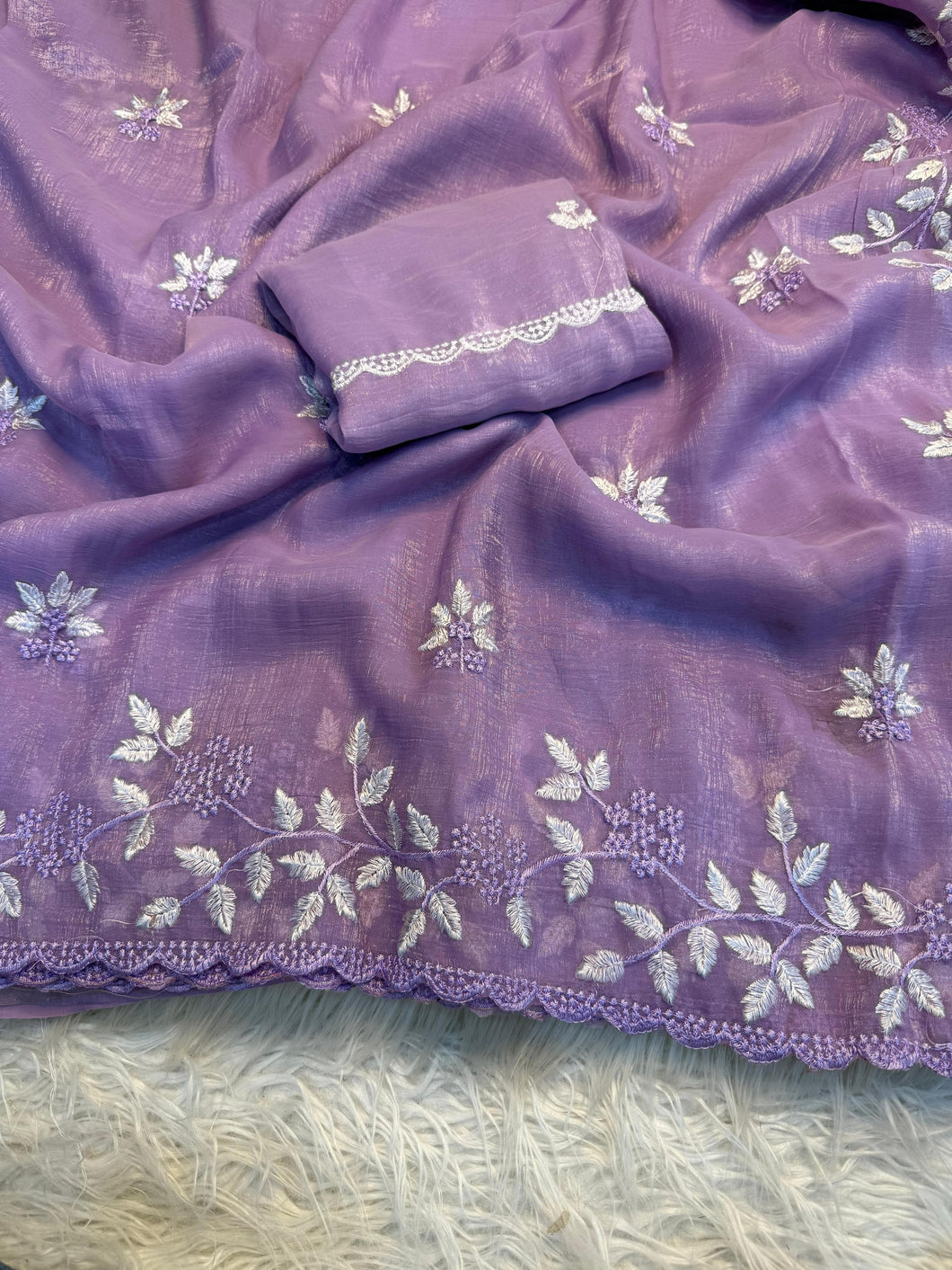 Concentrating Party Wear Shimmer Georgette Thread Work Leaf Design Fancy Saree With Blouse Piece