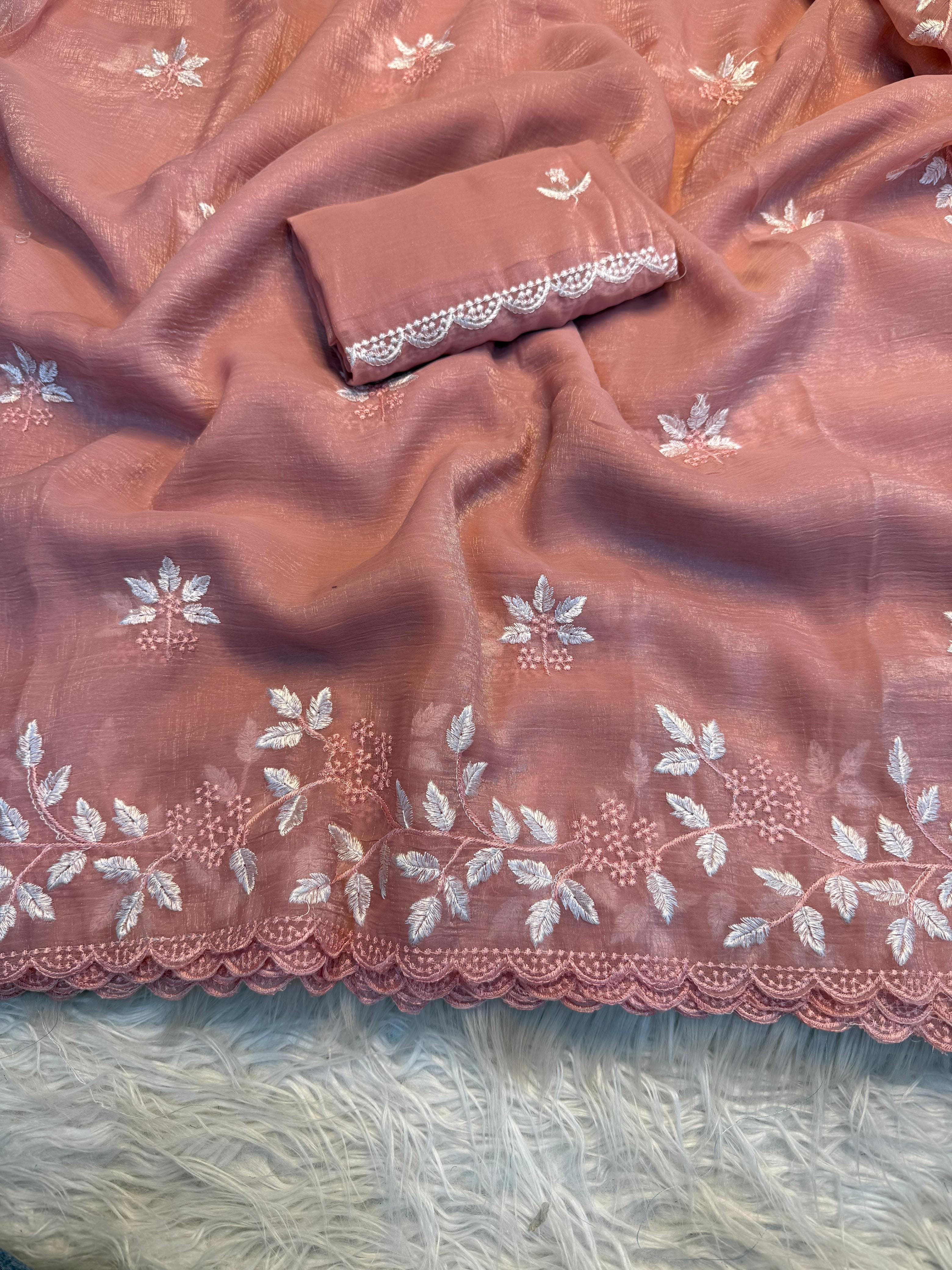 Concentrating Party Wear Shimmer Georgette Thread Work Leaf Design Fancy Saree With Blouse Piece