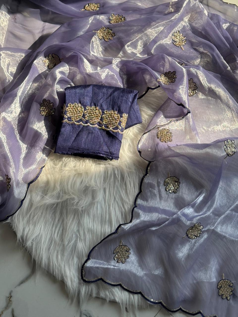 Opulent Party Wear Sparkle Babrbari Silk Sequins n Cut Work Saree With Contrast Blouse Piece
