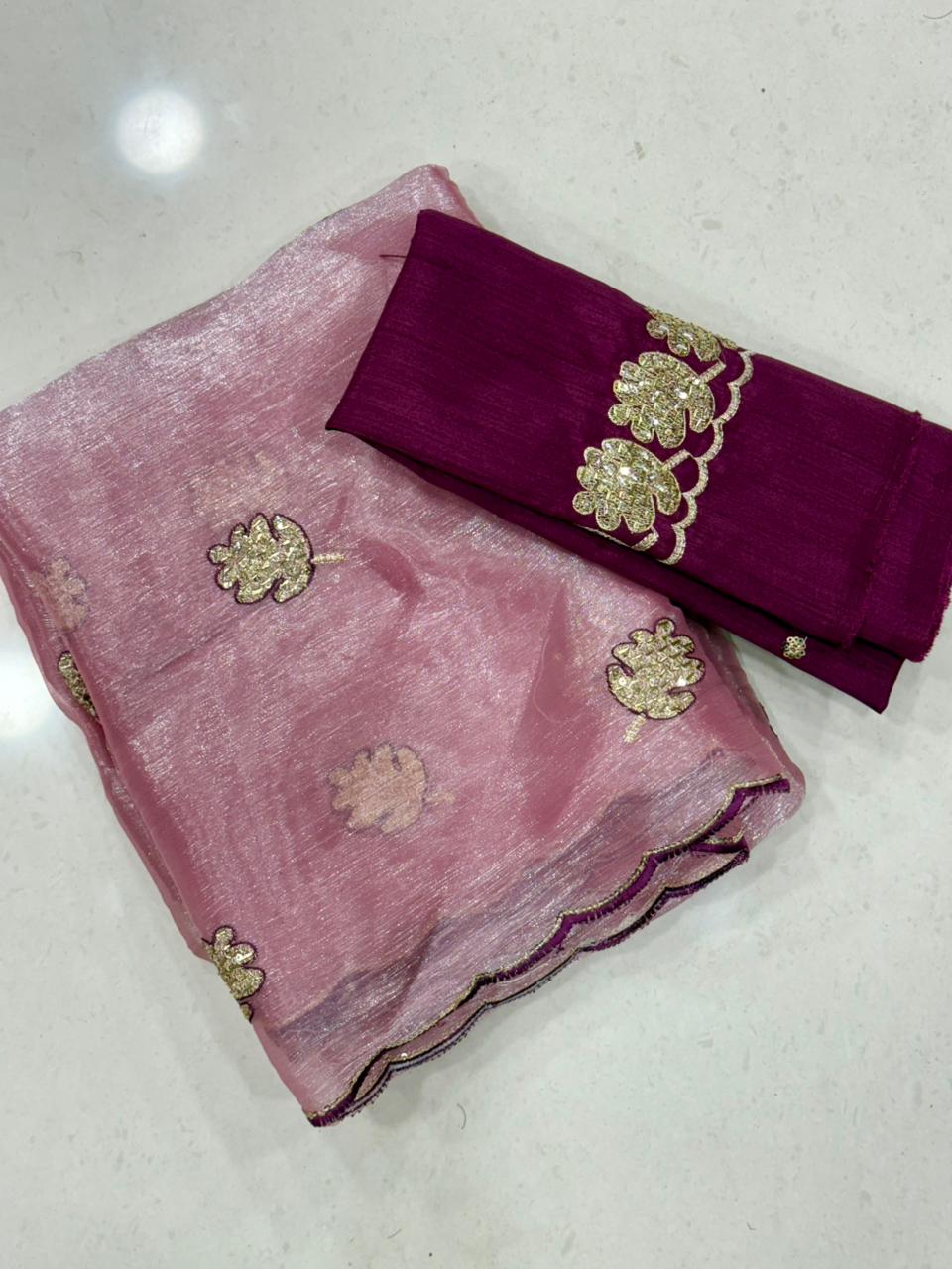 Opulent Party Wear Sparkle Babrbari Silk Sequins n Cut Work Saree With Contrast Blouse Piece
