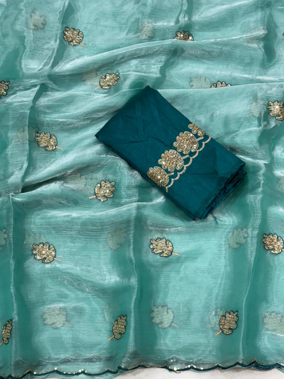 Opulent Party Wear Sparkle Babrbari Silk Sequins n Cut Work Saree With Contrast Blouse Piece