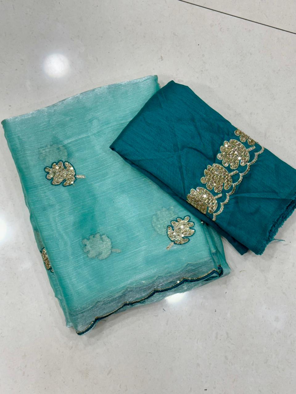 Opulent Party Wear Sparkle Babrbari Silk Sequins n Cut Work Saree With Contrast Blouse Piece