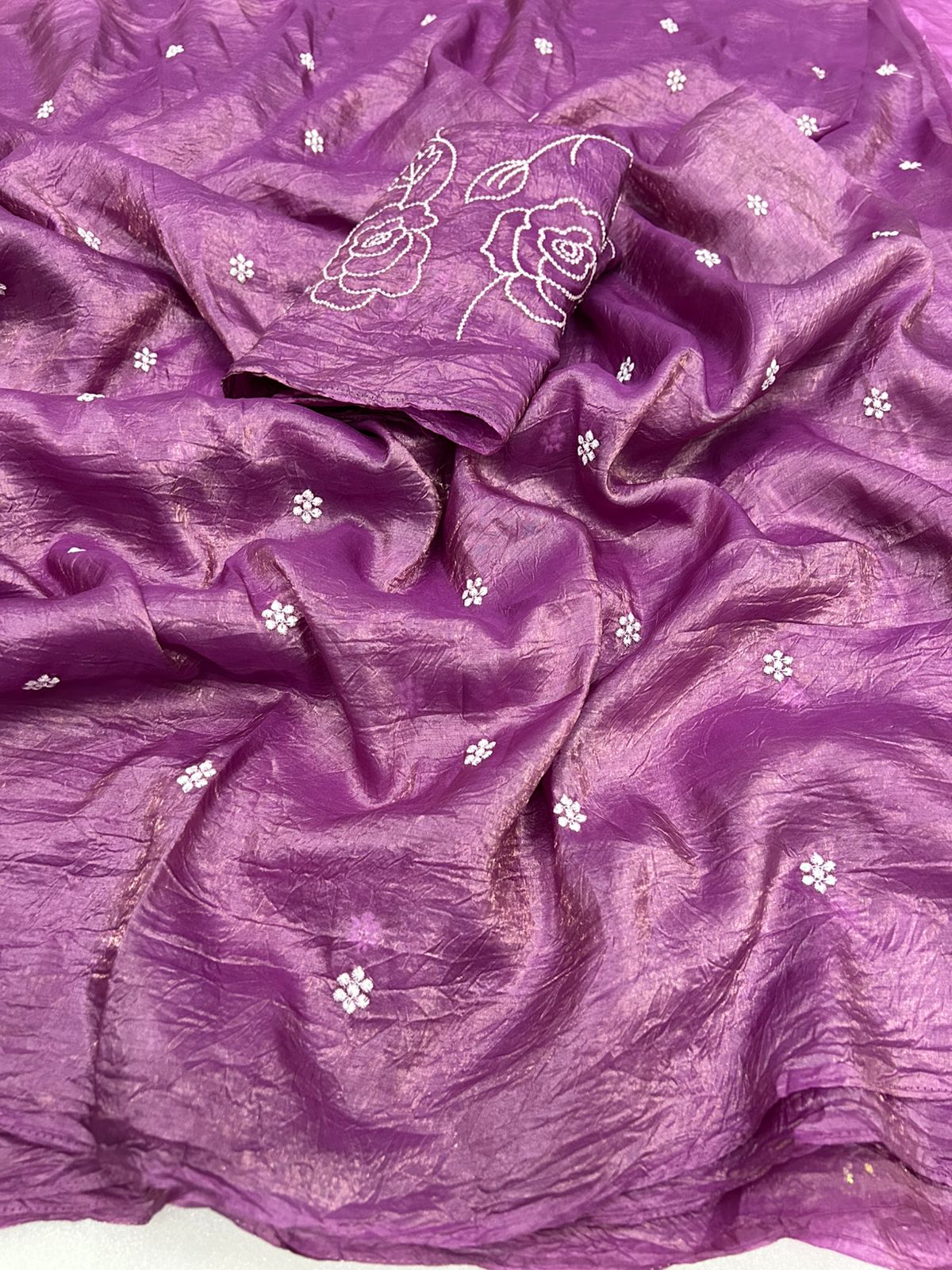 Admirable Pink Color Crush Silk Embroidery Work Fancy Designer Saree With Appealing Blouse Piece