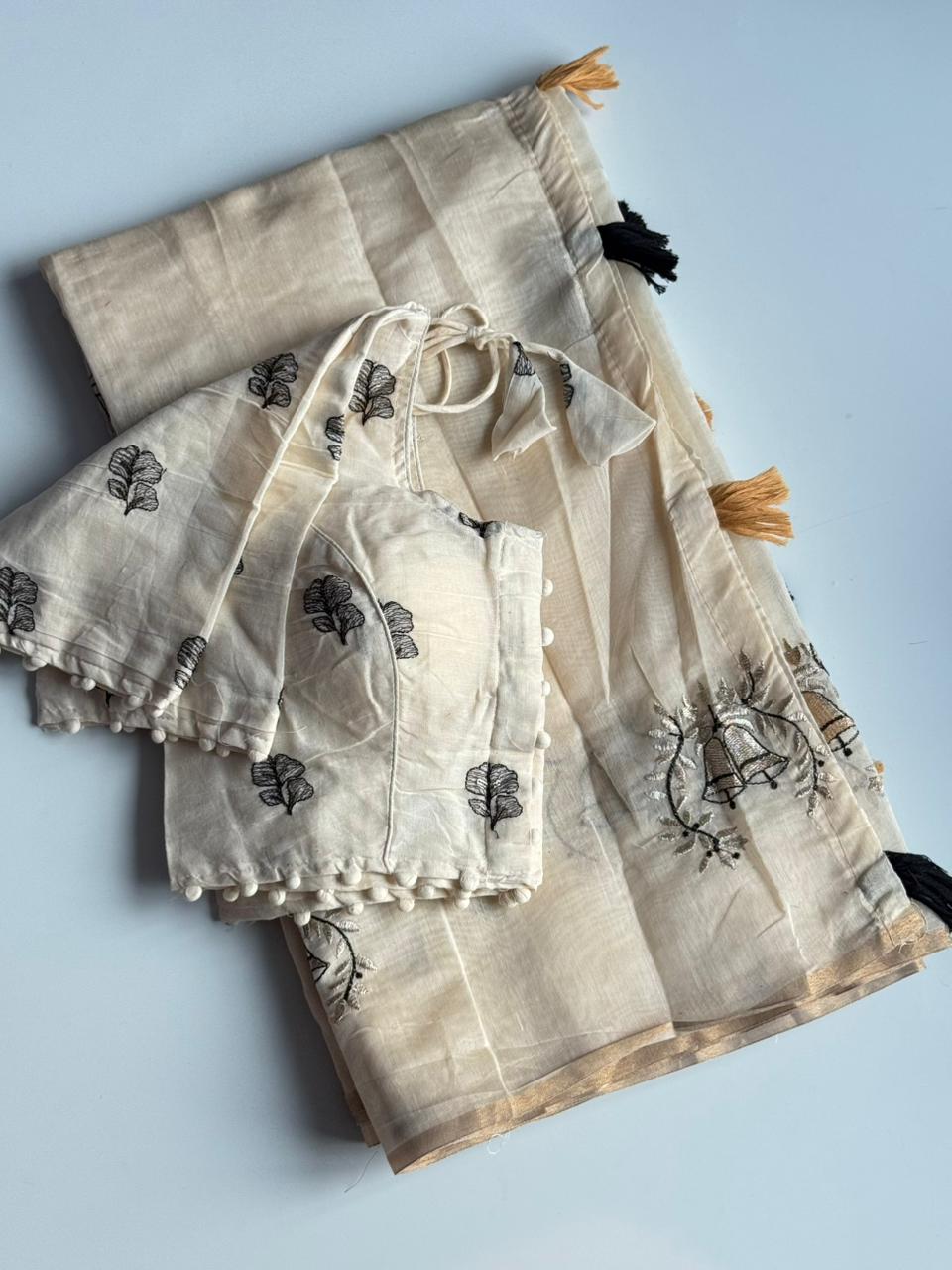 Scrupulous Function Wear Chanderi Cotton Embroidery n Tussels Work Fancy Designer Saree With Stitched Blouse