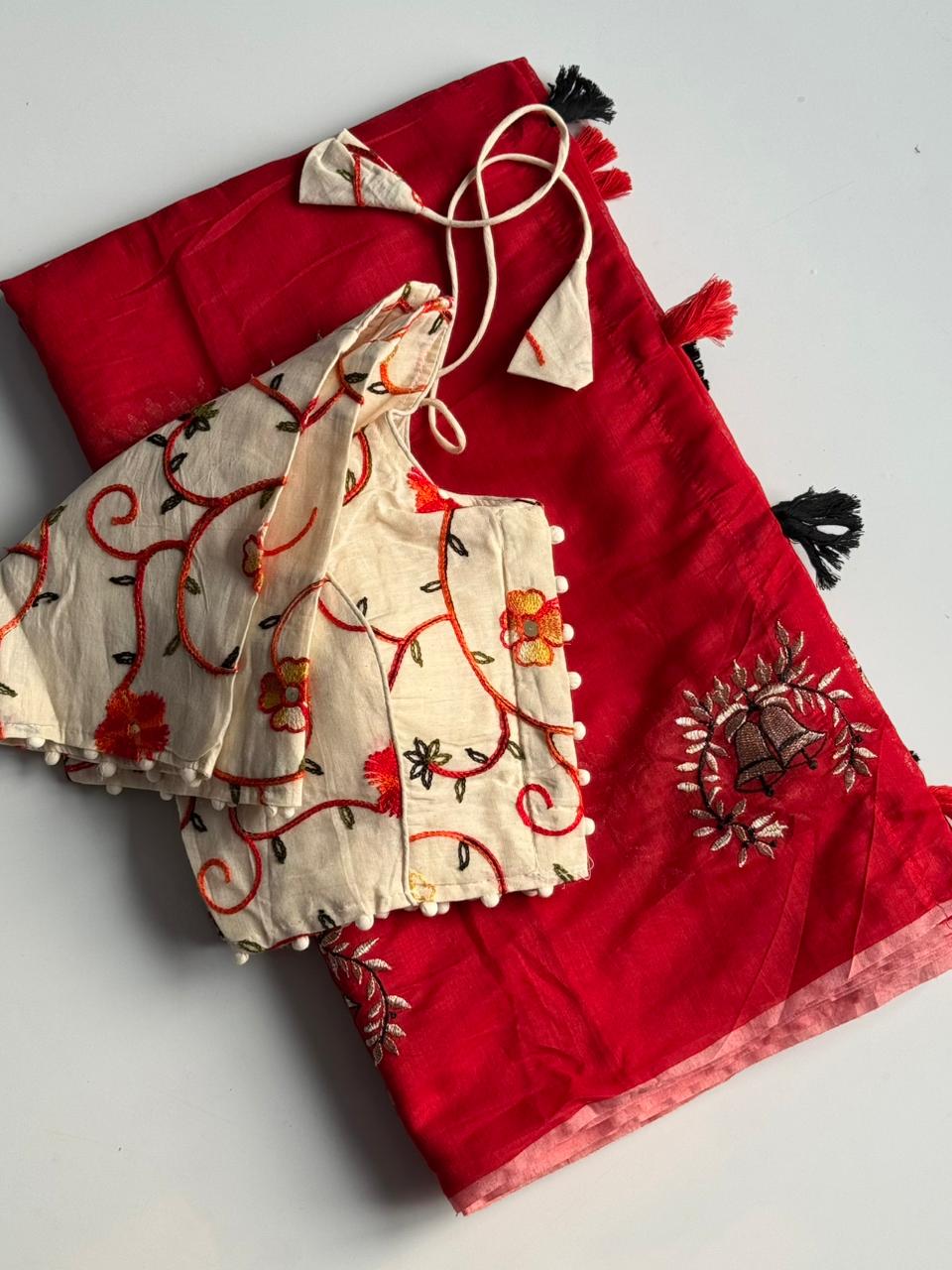 Scrupulous Function Wear Chanderi Cotton Embroidery n Tussels Work Fancy Designer Saree With Stitched Blouse
