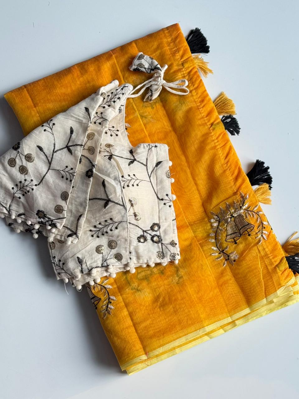 Scrupulous Function Wear Chanderi Cotton Embroidery n Tussels Work Fancy Designer Saree With Stitched Blouse