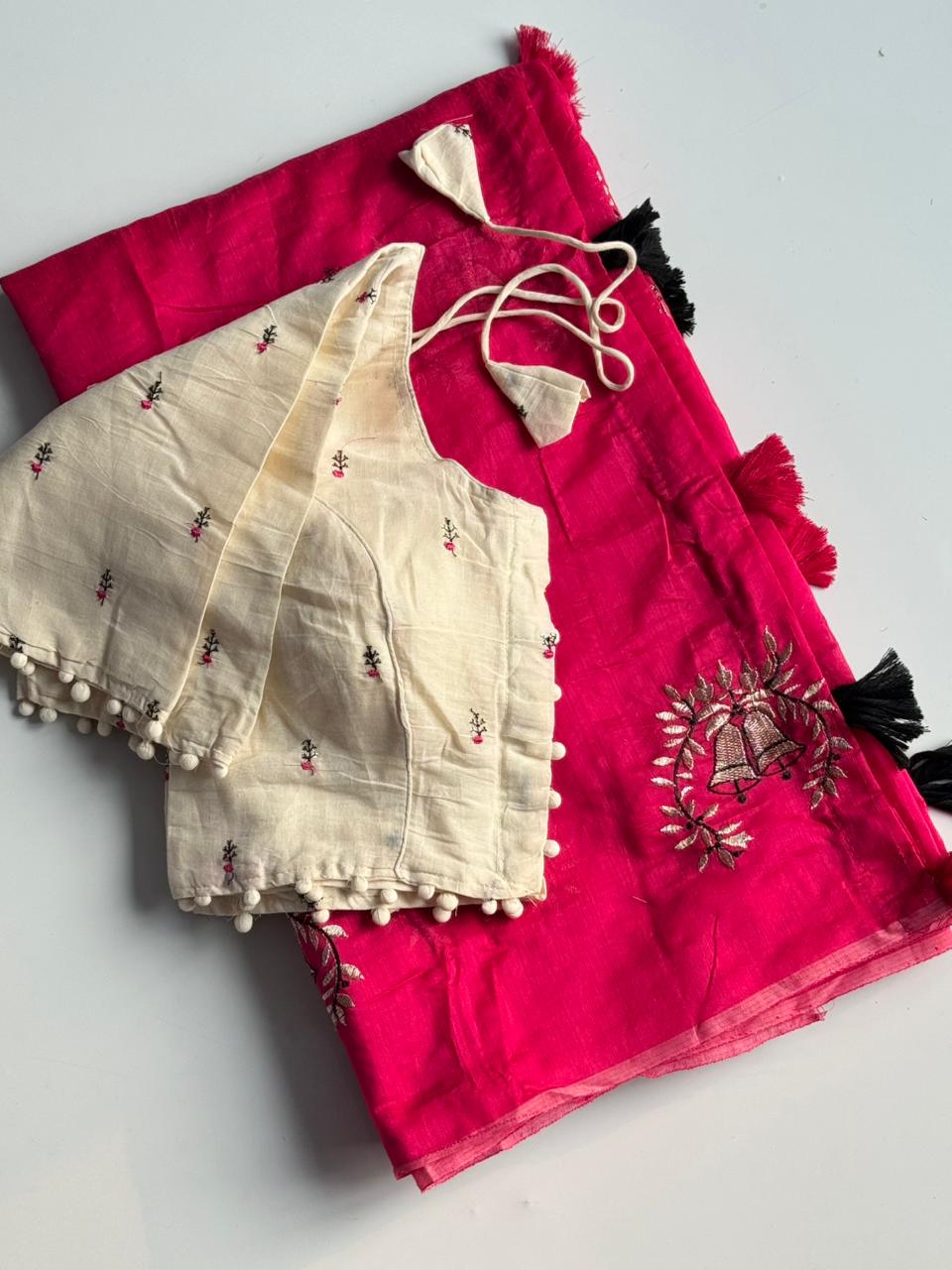 Scrupulous Function Wear Chanderi Cotton Embroidery n Tussels Work Fancy Designer Saree With Stitched Blouse