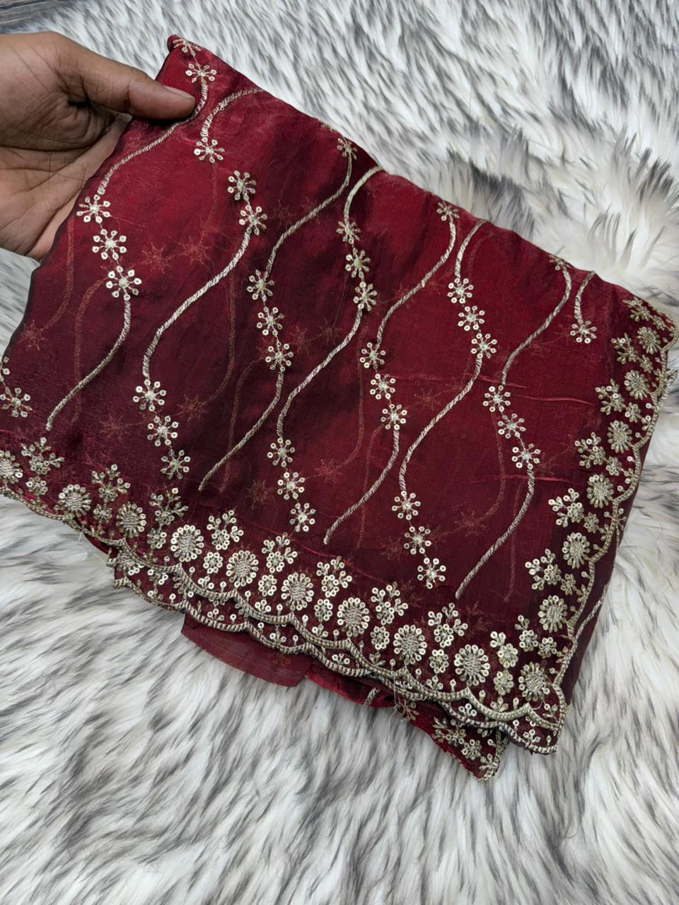 Glamorous Party Wear Fendy Satin Silk Sequence n Stunning Cut Work Fancy Saree With Adorned Blouse Piece