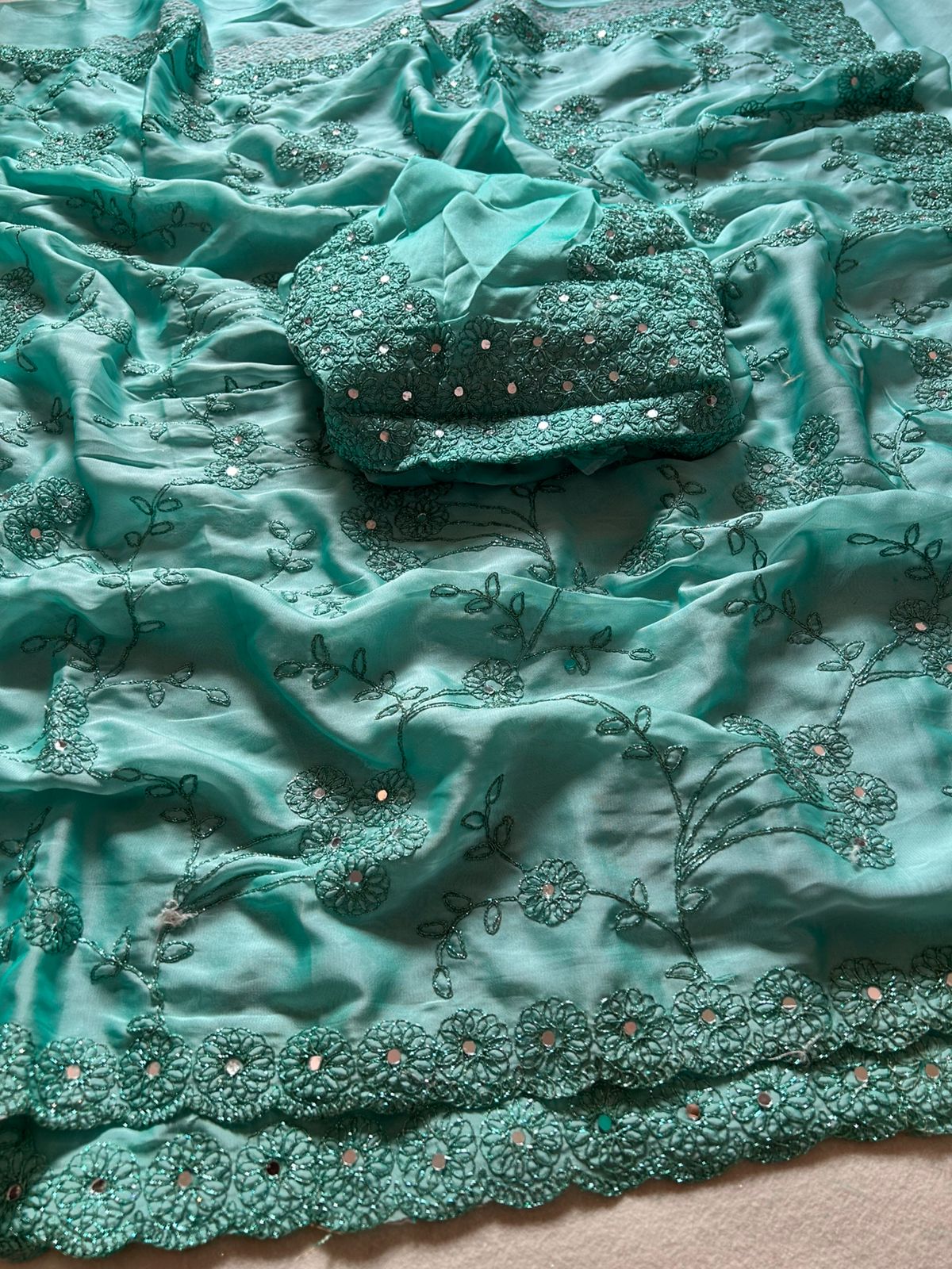 Regal Festive Wear Rangoli Silk Embroidery n Sparkling Real Mirror Work Fancy Designer Saree With Blouse Piece