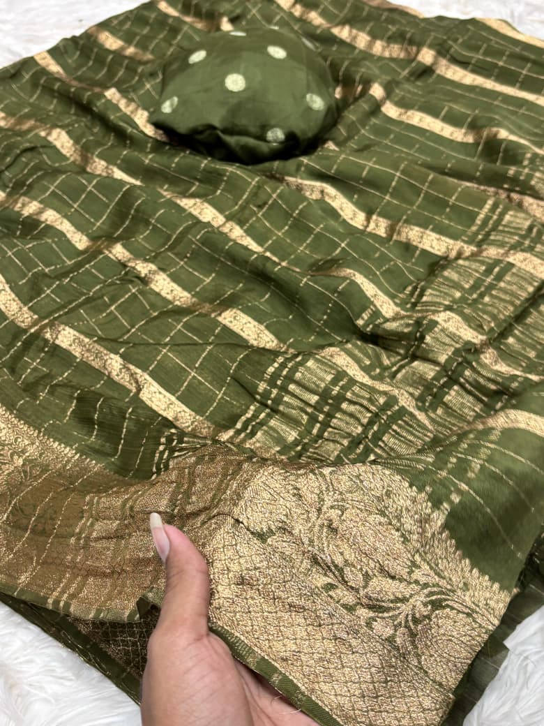 Luxury Festive Wear Chinnon Viscose Zari Checks Weaving Border With Rich Pallu Fancy Designer Saree With Blouse Piece