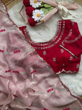 Load image into Gallery viewer, Marvellous Function Wear Fendy Satin Silk Leheriya Embroidery N Sequence Work With Arco Border Saree With Contrast Stitched Blouse
