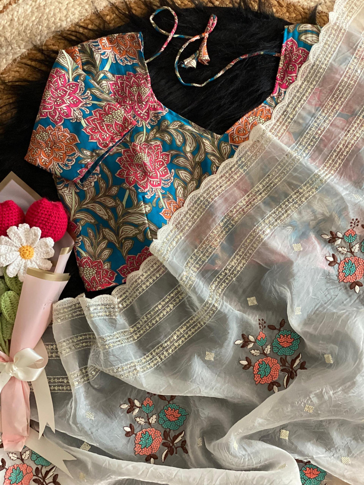 Marvellous Festive Wear Crush Organza Silk Embroidery N Sequence Work With Scallop Border Saree With Contrast Stitched Blouse