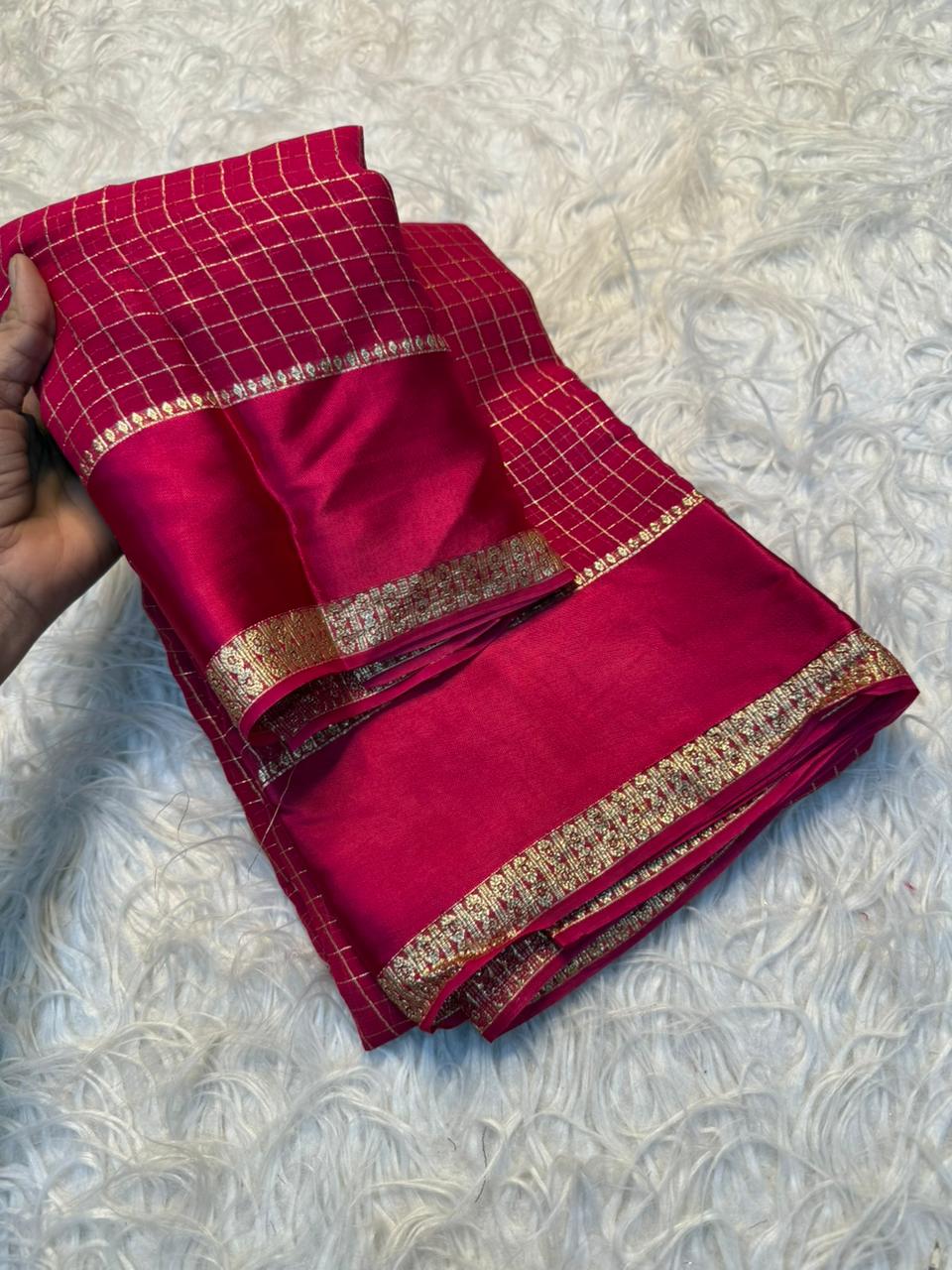 Redolent Party Wear Pure Viscose Georgette With Satin Border Small Chex Fancy Designer Saree For Women