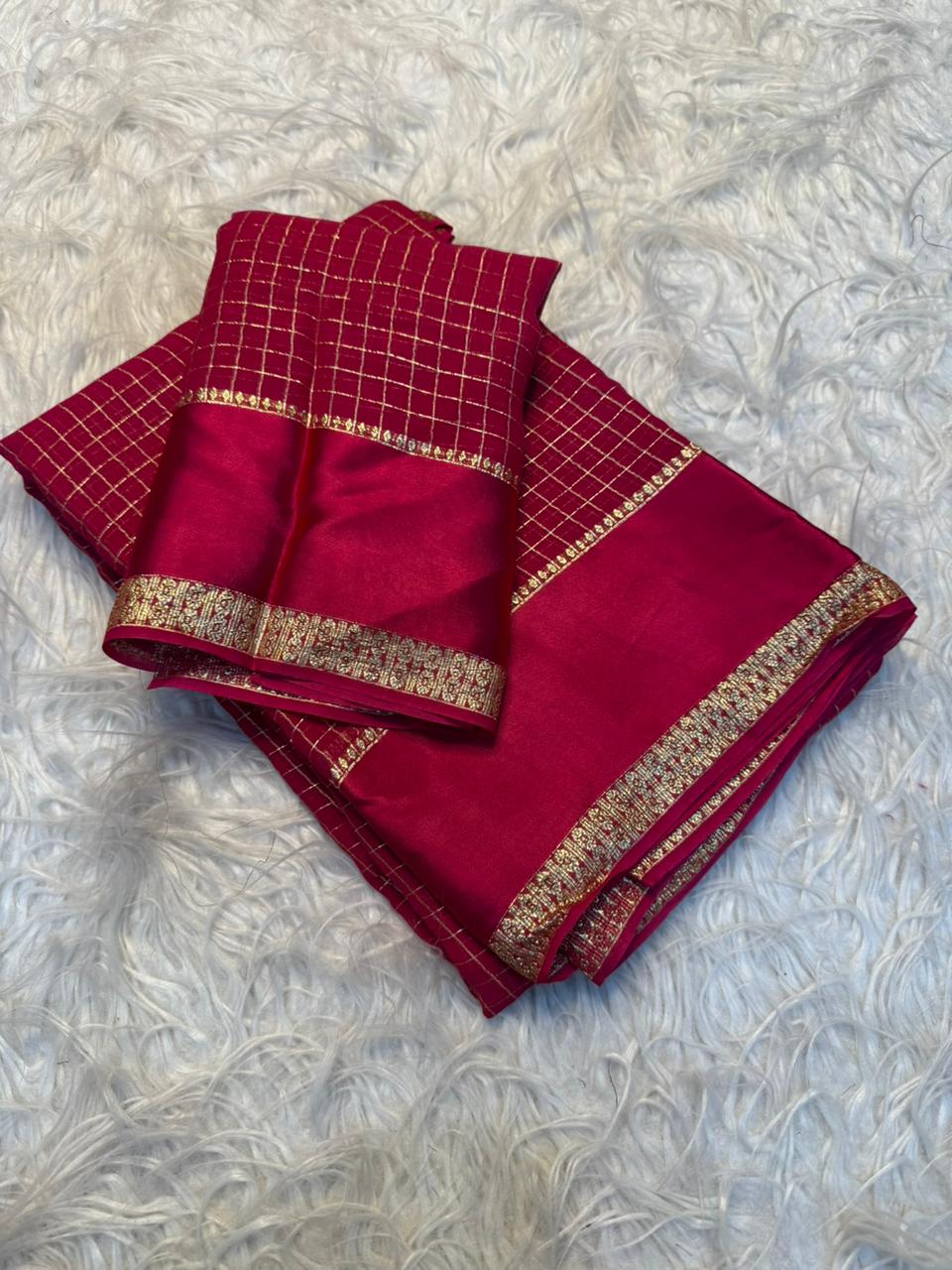 Redolent Party Wear Pure Viscose Georgette With Satin Border Small Chex Fancy Designer Saree For Women