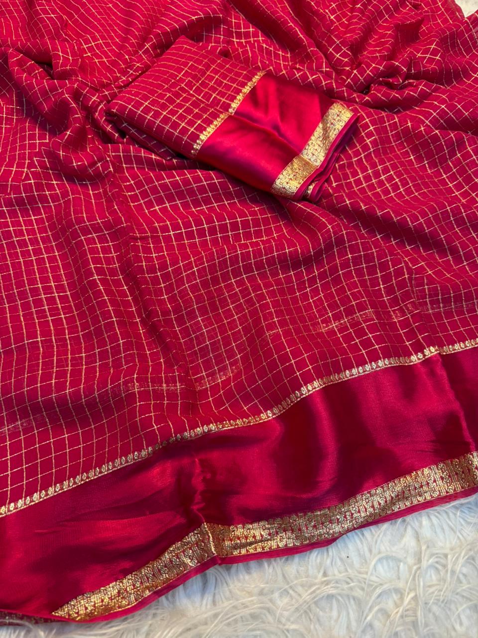 Redolent Party Wear Pure Viscose Georgette With Satin Border Small Chex Fancy Designer Saree For Women