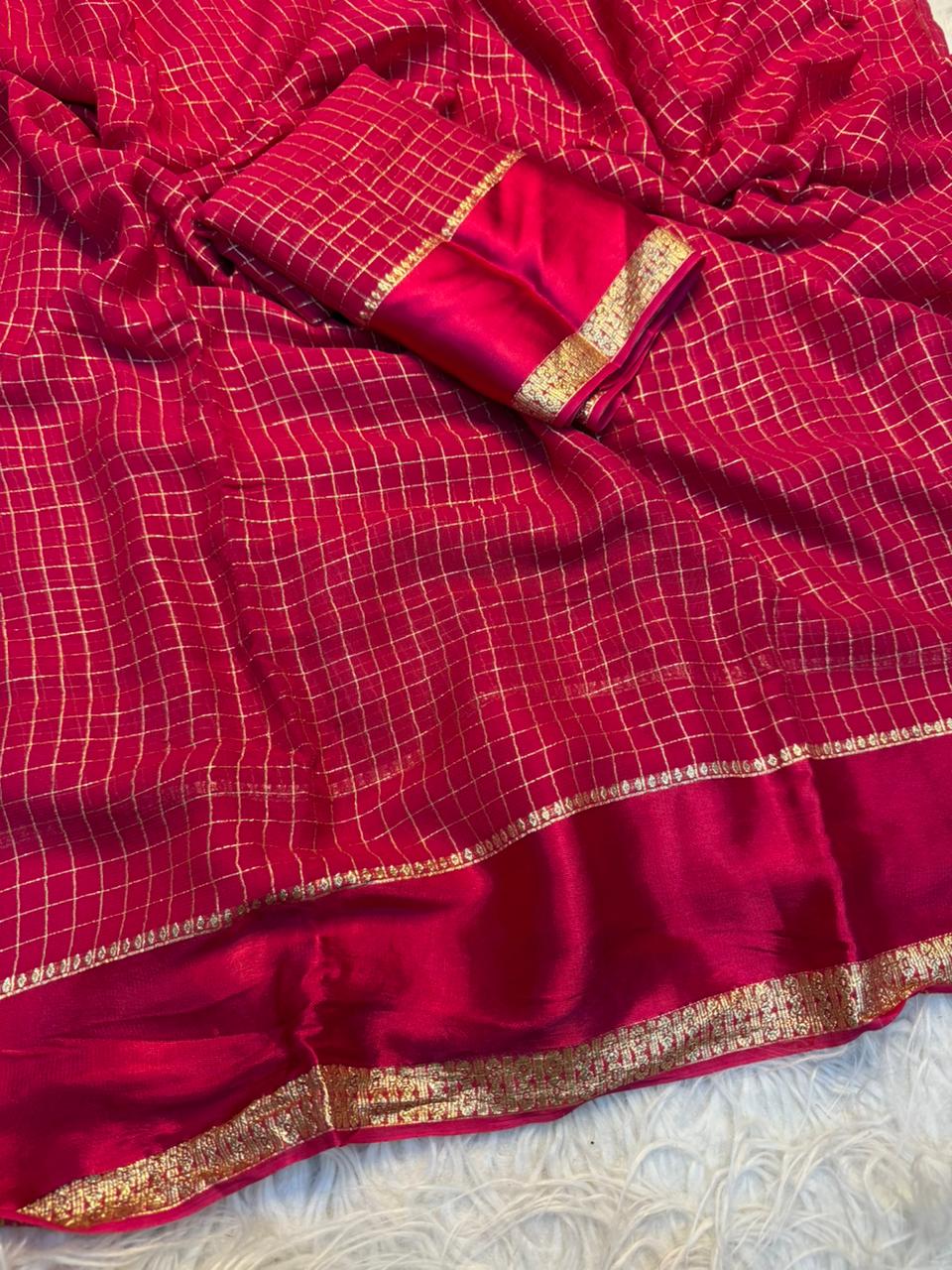 Redolent Party Wear Pure Viscose Georgette With Satin Border Small Chex Fancy Designer Saree For Women